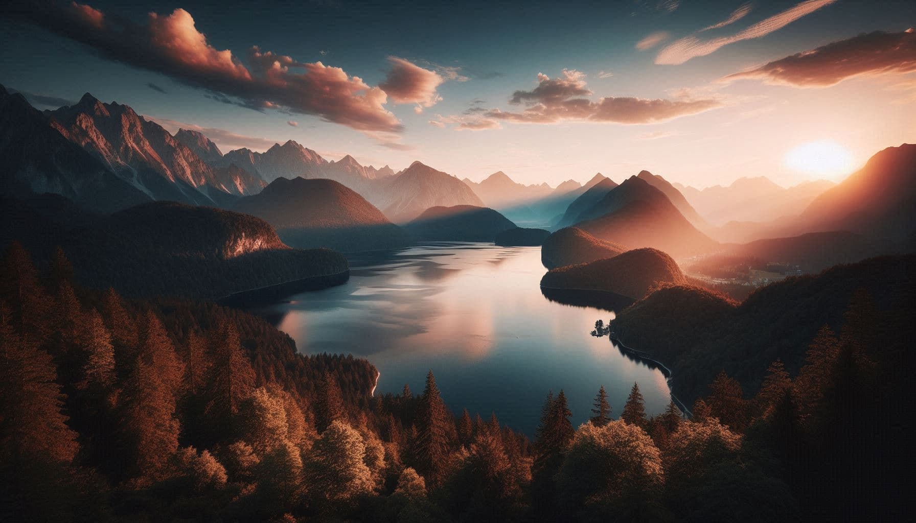 Peaceful mountain landscape with lake at sunset